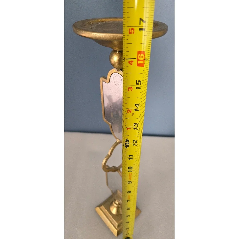 Gold Metal Pillar Candle Holder with Distressed Quatrefoil Mirrors 16.5 ch
